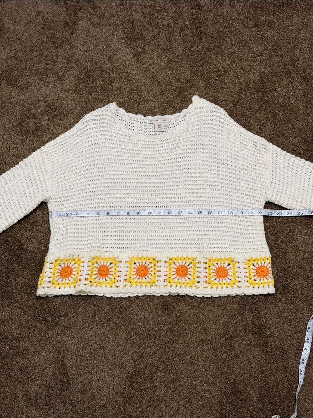 Sincerely Jules White Crochet Crewneck Sweater with Yellow & Orange Floral Trim - Picture 5 of 5